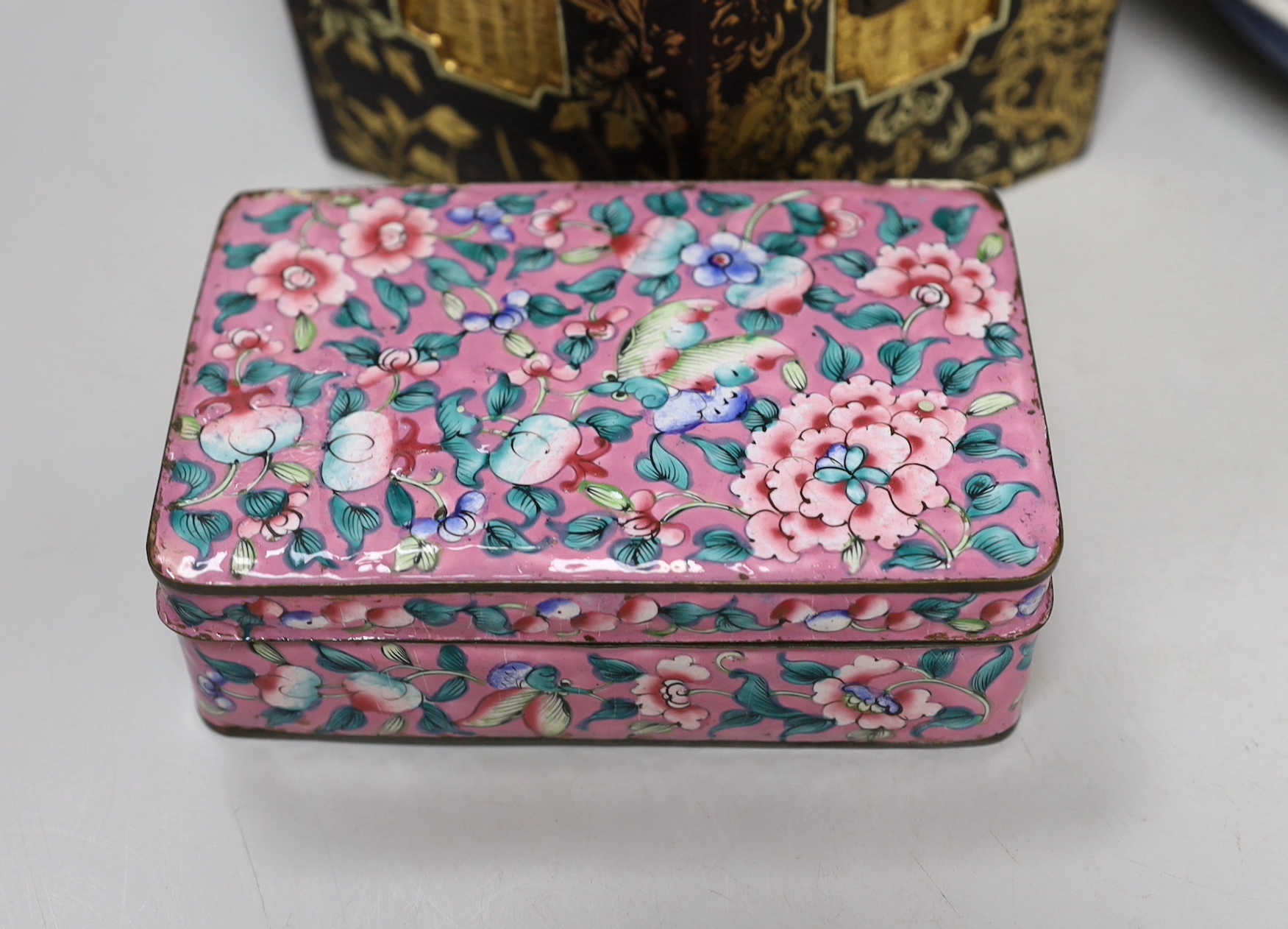 A Chinese blue and white dish, a famille rose bowl, a Canton enamel box and cover and a gilt decorated lacquer box and cover